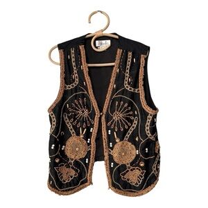 Vintage Rafaella Embroidered Beaded Shell Silk Black Brown Vest Size Medium 80